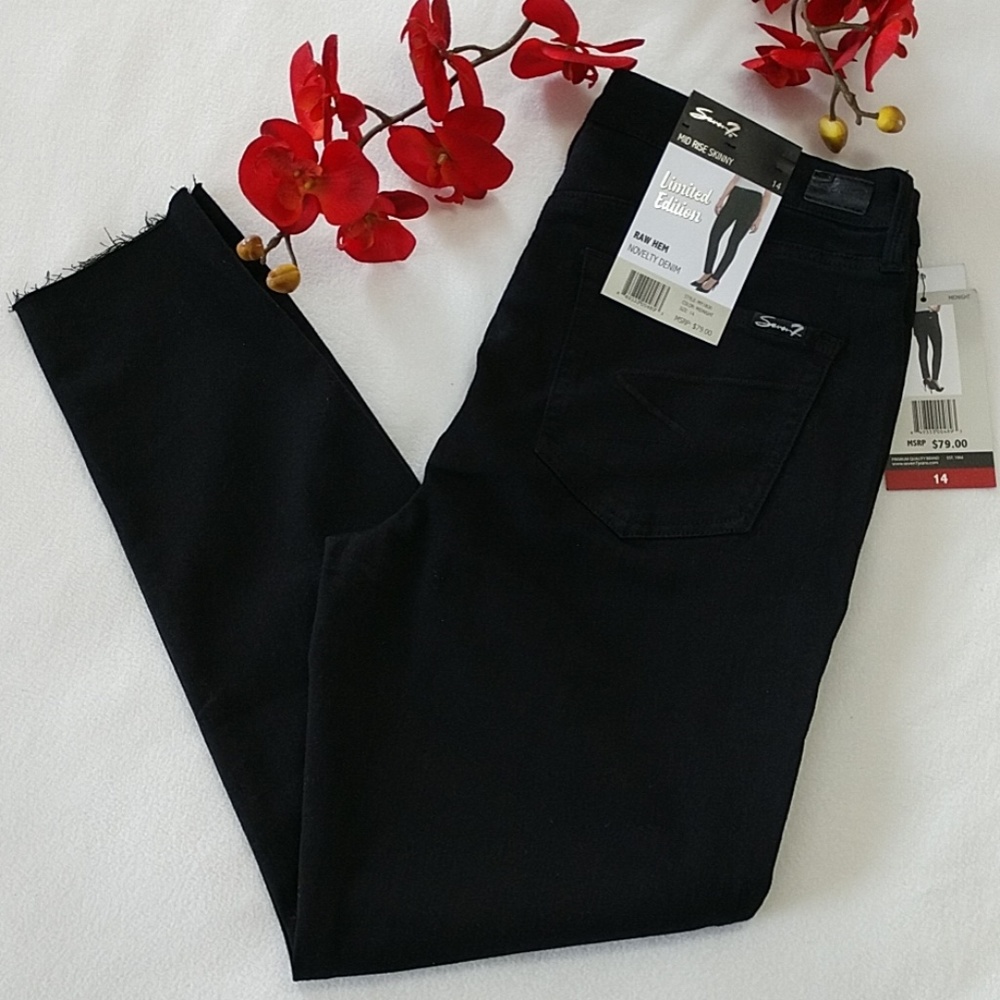 NEW Seven7 Jeans Mid-rise Skinny Stretch Raw Hem Black Denim Limited Edition 14